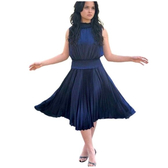 Size 14 NAVY BLUE SHINY SMOCKED HIGH‎ NECK PLEATED MIDI DRESS Special Occasion - Picture 1 of 6